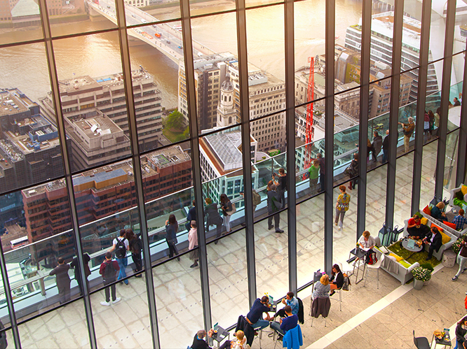 view from walkie talkie building london to river thames