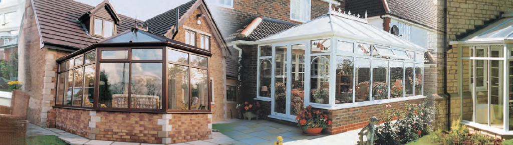 conservatory glazed extensions of homes with sunlight reflecting