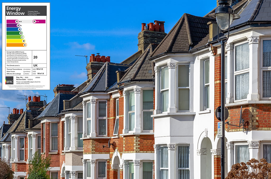 suburban street of homes with window energy rating label
